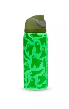 a green water bottle with dinosaurs on it