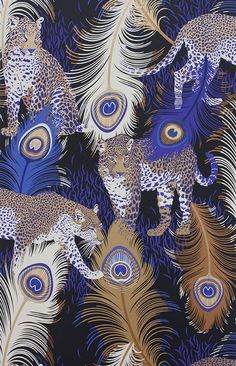 a blue and gold wallpaper with leopards, peacocks and feathers