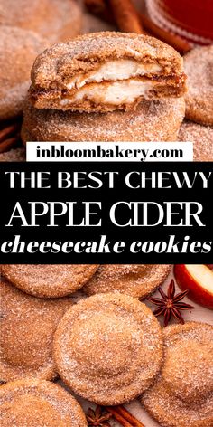 the best chewy apple cider cheesecake cookies are on display with an apple in the background