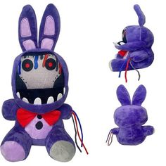 a purple stuffed animal wearing a red bow tie and matching headband with other items