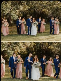 the bride and grooms are posing for pictures in front of their wedding party outside