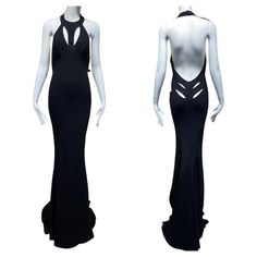 Sexy 90s Gianni Versace Black Cut out gown. Dress marked size 42 See measurement: Bust: 34” / Waist 28” / Hip: 38” Fitted Evening Gown With Long Train, Evening Gown With Back Opening And Fitted Style, Fitted Backless Long Dress For Gala, Fitted Evening Gown With Back Opening, Formal Floor-length Fitted Backless Dress, Floor-length Evening Dress With Boning For Gala, Fitted Gown With Back Opening For Evening, Formal Fitted Floor-length Backless Dress, Evening Gown With Back Opening, Floor-length