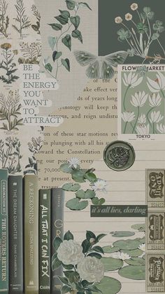 an assortment of papers with flowers and plants on them, all in different colors from green to white