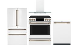 an oven, refrigerator, stove and dishwasher all in white with gold trim