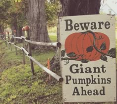 a sign that reads beware of giant pumpkins ahead next to a wooden fence