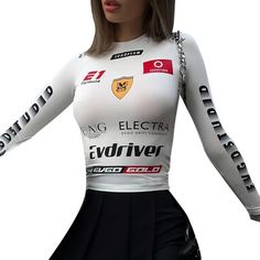 Vevesc Moto Biker Printed Cyber Y2k White T-shirts Techwear Skinny Long Sleeve Women Crop Tops Gothic Punk Fashion Streetwear American Street Fashion, Gothic Punk Fashion, Women Crop Tops, Streetwear Cargo Pants, Womens Printed Tops, Shiny Pants, White T Shirts, Street Style Trends, Sleeve Women