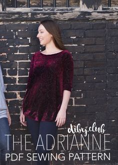 a woman standing next to a brick wall with the words, the adrainne sewing pattern