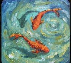 two orange koi fish swimming in a pond with blue sky and white clouds behind them