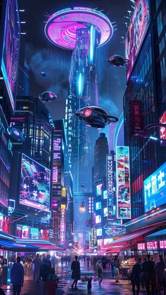 a futuristic city with neon lights and people walking on the street at night in front of tall buildings