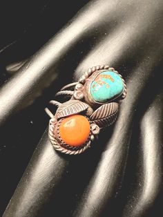 Beautiful vintage Native American sterling silver ring consisting of turquoise and coral stones with beautiful hand-forged silversmith work. Unsigned. size approximately 9 1/2. Excellent condition. Leather Bracelets Women, Roanoke Va, Turquoise And Coral, Native American Turquoise, Coral Ring, American Turquoise, Coral Stone, Coral Turquoise, Sterling Silver Ring