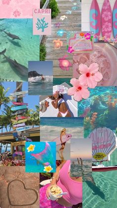 a collage of photos with pink and blue colors, including flowers, hearts, beach chairs