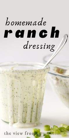 homemade ranch dressing in a glass bowl with a spoon