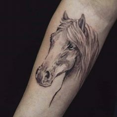 a black and white horse tattoo on the arm