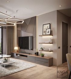 a modern living room with wood flooring and furniture