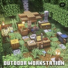 an image of a minecraft village with lots of wood and plants on it's sides