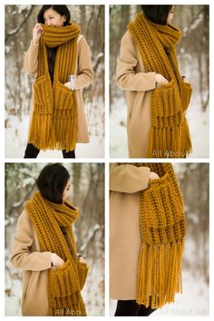 four different pictures of a woman wearing a scarf in the snow with her hands on her hips