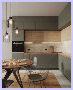 a dining table and chairs in a room with wood flooring on the walls, lights hanging from the ceiling