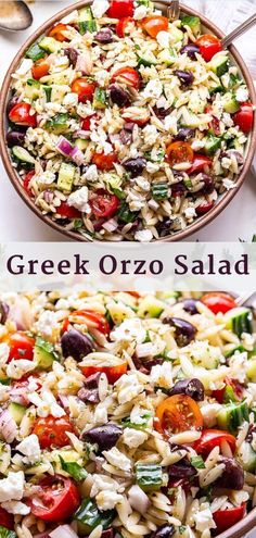 greek orzo salad with tomatoes, olives, cucumbers and feta cheese