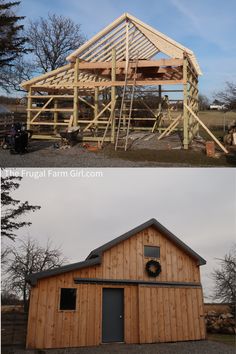 two pictures side by side showing the inside and outside of a house with wood framing