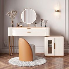 a dressing table with mirror and stool in a room