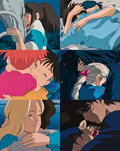 the anime characters are hugging each other in different poses and expressions, with one being hugged by another