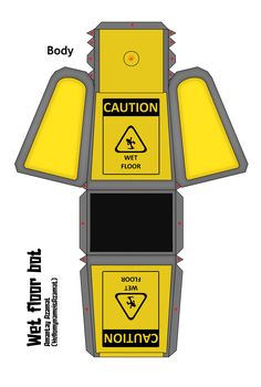 a yellow caution sign on the side of a white shirt that says caution wet floor