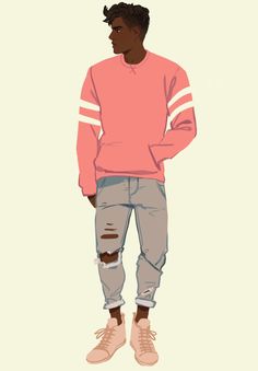 a drawing of a man wearing ripped jeans and a pink sweatshirt with white stripes on the sleeves