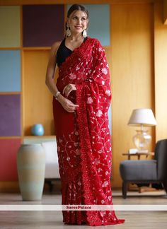 Sequence Saree, Sequence Embroidery, Cherry Red Color, Embroidered Saree, Embroidery Saree, Red Saree, Red Blouse, Printed Saree, Modest Wear