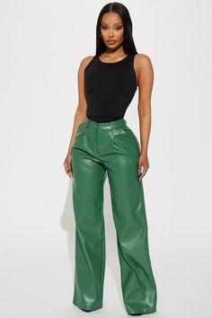 Available In Black And Hunter. Trouser Pant High Rise Button Zipper Closure Front Pleating Hand Pockets Wide Leg Faux Leather Non Stretch Coating: 100% Polyurethane Base Fabric: 100% Polyester Imported | Nia Faux Leather Trouser in Hunter size XS by Fashion Nova Creative T Shirt Design, Fashion Nova Outfits, Photography Poses Women, Ribbed Bodysuit, Leather Trousers, Going Out Outfits, Black Bodysuit, Trouser Pants, Casual Fits