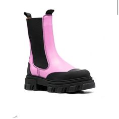 Ganni Midi Chelsea Leather Boot In Black/ Candy Pink Size Eu 39| Us 9 Runs Small- Fits More Like An 8 Or 8.5 A Creative Take On Classic Chelsea Boots From Ganni, Featuring A Mix Of Barbie Pink Fabric And Black Rubber And Outfitted With A Substantial Lug Sole. Leather: Calfskin Elastic Gores And Pull Tabs Logo Detail At Back Rubber Trim No Closure, Pull-On Design Leather Sole With Rubber Heel Cap Leather Lining Made In Portugal Ganni Lug Sole Boots, Pink Leather Boots With Lug Sole, Pink Ankle-high Boots With Rubber Sole, Pink Leather Sole Round Toe Boots, Pink Boots With Leather Sole And Round Toe, Pink Round Toe Boots With Leather Sole, Pink Round Toe Boots, Black Candy, Platform Chelsea Boots