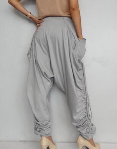 Harem pants unique Low Crotch Light Grey cotton blend ND-04. image 8 Trendy Oversized Gray Bottoms, Trendy Baggy Harem Pants With Elastic Waistband, Baggy Harem Pants With Side Pockets, Trendy Stretch Harem Pants With Pockets, Trendy Harem Pants With Side Pockets, Casual Gray Baggy Harem Pants, Baggy Gray Harem Pants For Summer, Summer Baggy Gray Harem Pants, Stretch Harem Pants With Pockets For Loungewear