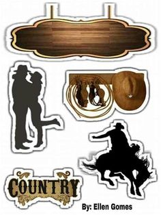 various stickers that include cowboys, cowboy hats and lasso's silhouettes