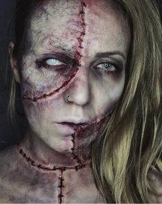 Horror Look Makeup, Disney Halloween Makeup Looks, Zombie Realistic Makeup, Halloween Makeup Sfx Scary, Bloodied Character Art, Scary Fx Makeup, Realistic Zombie Makeup, Sfx Scary Makeup, Sfx Zombie Makeup