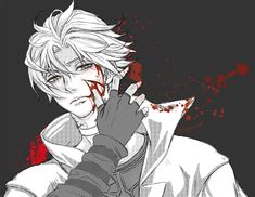 an anime character with white hair and red eyes talking on a cell phone in front of blood splatters