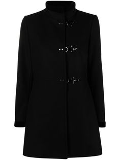 black virgin wool blend funnel neck front hook fastening long sleeves two front welt pockets straight hem Black Long Wool Coat With Concealed Fastening, Black Wool Long Coat With Concealed Front, Classic Black Wool Coat With Concealed Fastening, Black Long Sleeve Wool Coat With Concealed Fastening, Black Wool Coat With Concealed Placket For Winter, Winter Wool Coat With Concealed Front Fastening, Black Wool Coat With Concealed Fastening, Black Wool Coat With Concealed Placket, Elegant Black Wool Coat With Concealed Placket