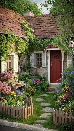 a small house with flowers around the front yard