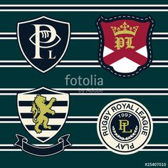 four different types of crests on a green striped background with white and blue stripes