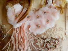 "Pale pink flower necklace with ostrich feathers is perfect for a wedding look. Pink color Bib floral necklace is perfect for open shoulders dress. Textile Jewelry always looks so gentle and romantic. This pale pink flower statement necklace is perfect for a Bride necklace. This flower necklace is 100% handmade. Each my statement necklace consist of 1 large flower and 12-14 small flowers. Every single leaf of these flowers was carefully cut from the fabric and handled by hands. Organza and fatin Jewelry For Bridesmaids, Pink Flower Necklace, Jewelry Bride, Single Leaf, Bride Necklace, Flower Statement Necklace, Textile Jewelry, Feather Necklaces, Ostrich Feathers