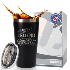 the legend has retired stainless steel tumbler cup with lid and straw in front of an american flag box