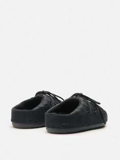 black calf suede quilted debossed logo to the side slip-on style front lace-up fastening round toe flat rubber sole Bombas Womens Slipper, Luxury Black Semi-formal Moccasins, Coolmoon Shoes, Winter Mules, Mules For Men, Half Awake, Black Boutique, Black Mules, Mule Sneakers