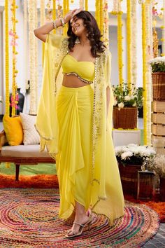 Yellow Dhoti Dress, Dhoti Cape Outfit, Engagement Dress For Women Indian, Dhoti Dress For Women Wedding, Dress Indian Style Wedding, Party Sets With Mirror Work And Draped Style, Party Sets With Cape Sleeves For Navratri, Weeding Dress Outfits Women, Dhoti Skirt Outfits