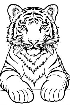 Line drawing of a cute tiger looking out of the picture at the viewer. Easy Tiger Drawing, Tiger Face Drawing, Tiger Art Drawing, Tiger Outline, Art Tigre, Tiger Sketch, Cute Dog Drawing, Tiger Drawing, Cartoon Tiger