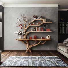 a living room with bookshelves and a tree in the corner on the wall