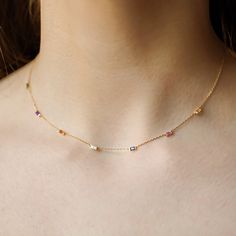 18k Recycled Gold Necklace  (750 thousandths) , round curb chain and baguette-cut fine and precious stones: diamonds, emerald, sapphire, pink sapphire, orange sapphire, yellow sapphire and amethyst.

 Total length of the necklace: 38 - 40 cm

 Gold weight: 3.49 g
 Stone carat weight: 0.49 ct Multi-stone Diamond Necklace Gift, Precious Stones Jewelry, Pink Sapphire Necklace, Pink Sapphire Jewelry, Wedding Ring Necklaces, White Diamond Ring, Orange Sapphire, Jewelry Lookbook, Wedding Rings Unique