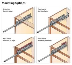 three pictures showing how to install the mounting options for an overhead door frame and track