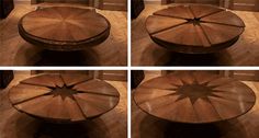 four pictures of a wooden table with an umbrella design on the top, and bottom