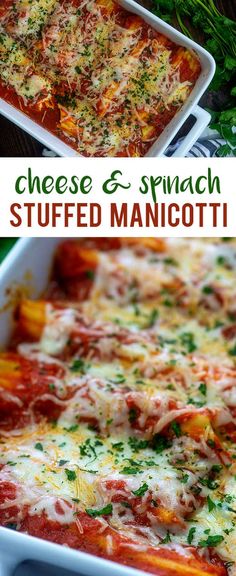 cheese and spinach stuffed manicotti casserole in a white baking dish