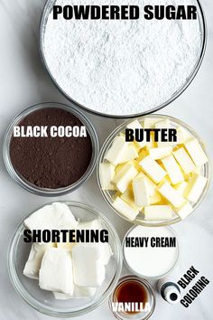 the ingredients to make chocolate pudding are shown in bowls and labeled with different types of sugar