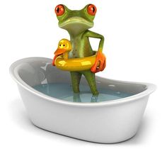 a frog sitting in a bathtub with a rubber ducky on it's back