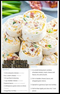 the recipe for bacon cheddar ranch pinwheels is shown on a plate